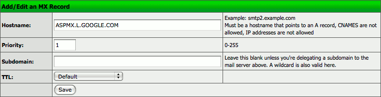 Adding an MX record for Google Apps in the Linode DNS Manager.