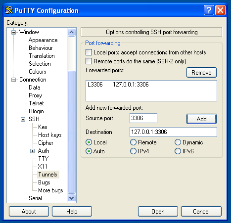 Tunneling a remote MySQL connection with PuTTY.