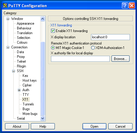 Configure X11 forwarding in PuTTY.