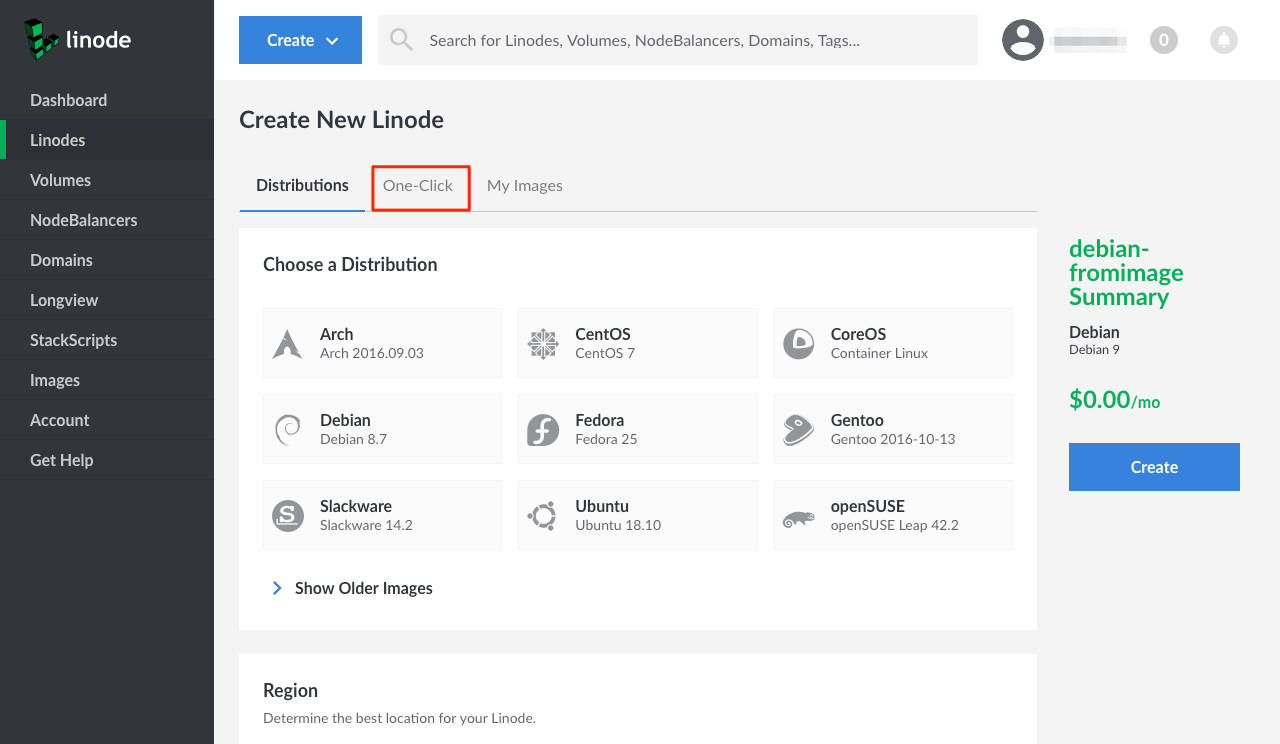 Select the 'One-Click' tab on the Create New Linode page.