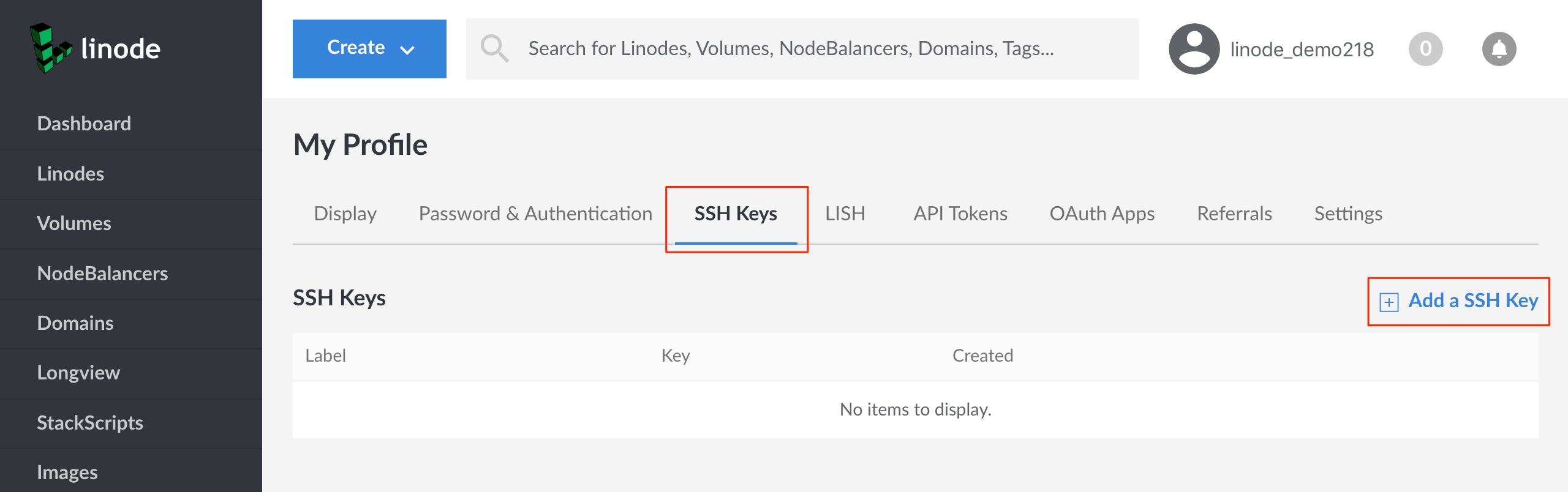 SSH Keys tab