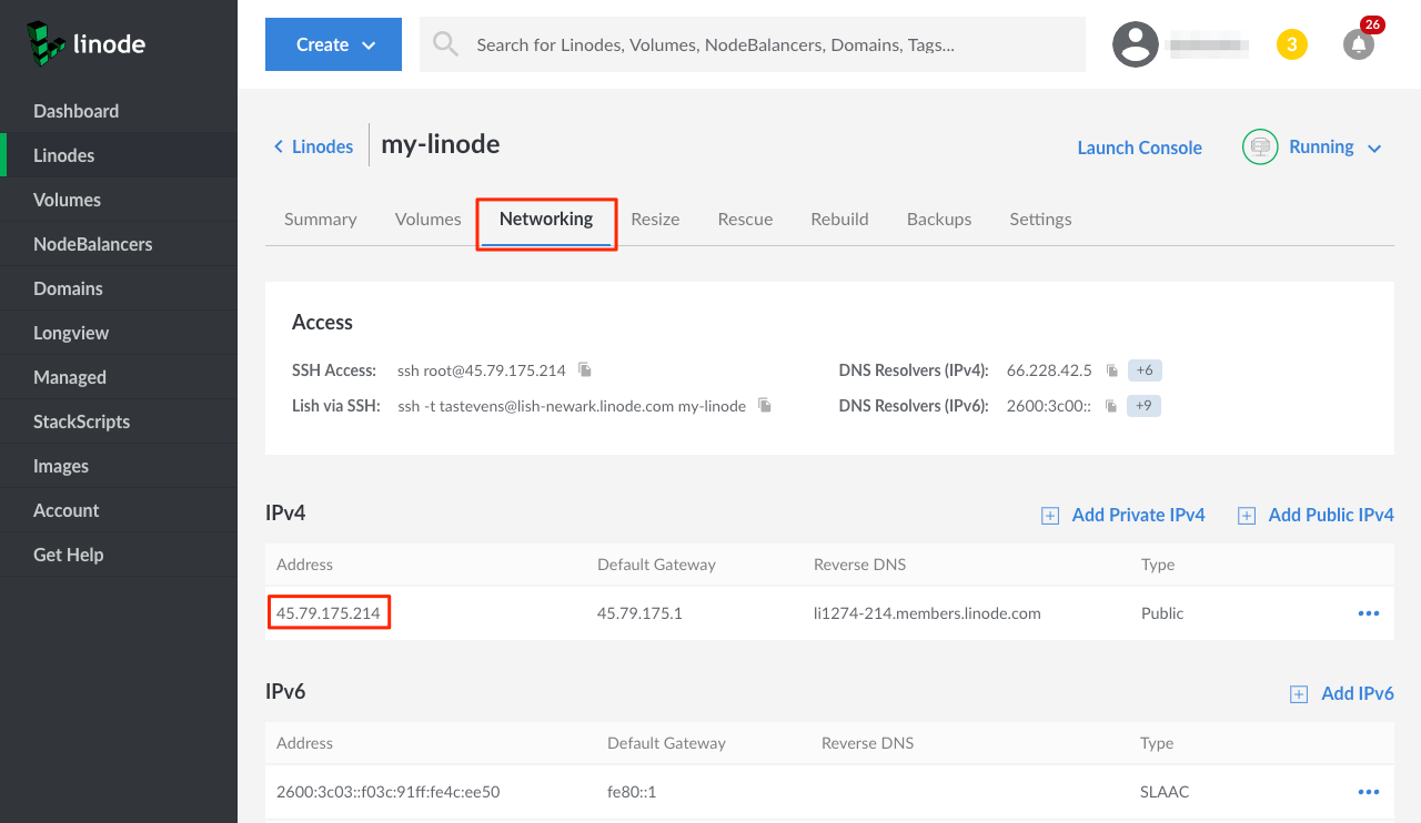 View your IP address from the Networking tab of the Linode detail page.